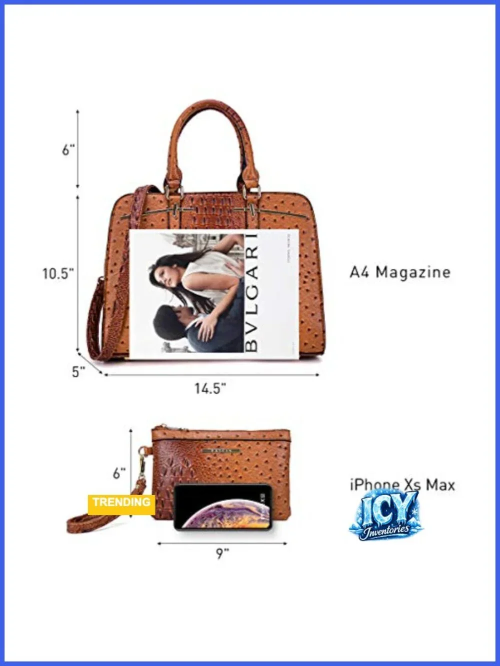 Faux Leather Satchel Bag Set 2pcs with 3 Compartments Top Handle Shoulder